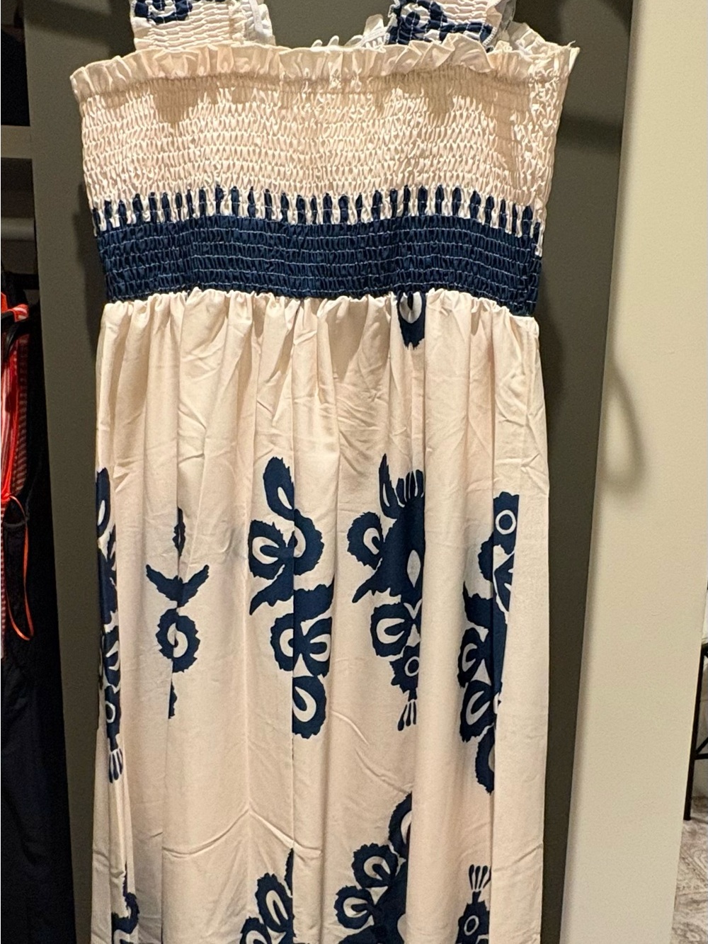 White and Navy Smocked Strap Maxi Dress